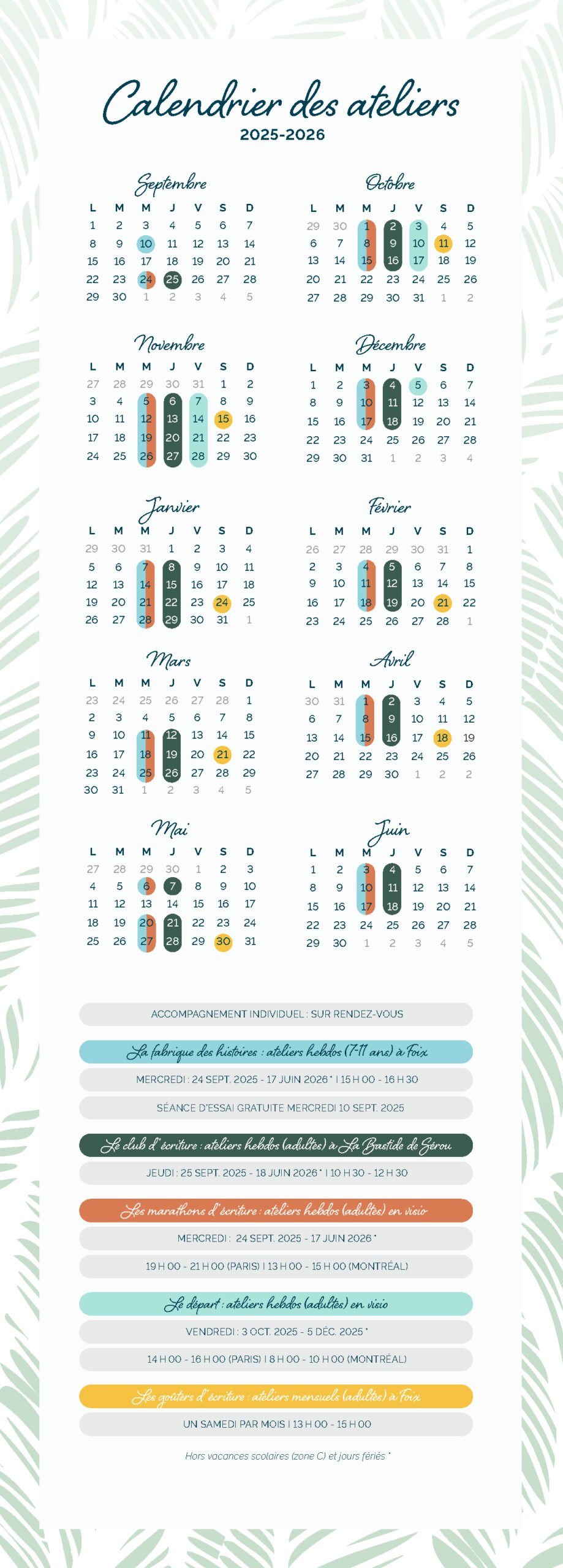 Calendrier des ateliers d'écriture