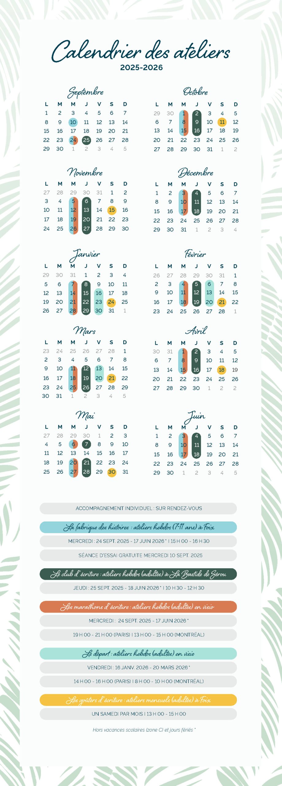 Calendrier des ateliers d'écriture