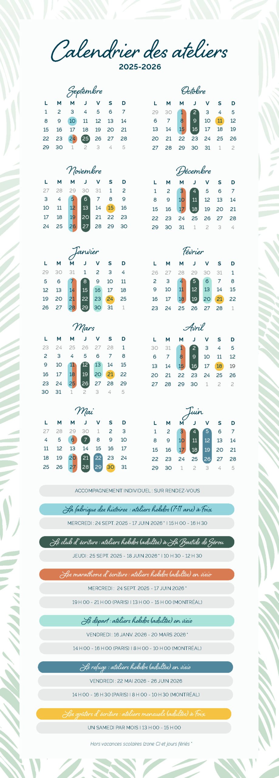 Calendrier des ateliers d'écriture